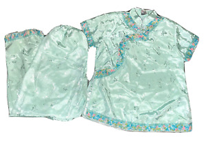 Vintage Chinese Asian Green Silk Embroidered Pajama Set Womens Xs