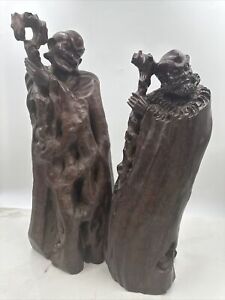 Qing Dynasty Chinese Hard Wood Root Carving Of A Luohan Pair Antique