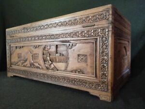 Antique Oriental Asian Trunk Storage Chest 1920 S Hand Carved 5 Sides Gorgeous 