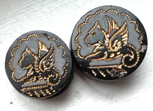2 Small Antique Victorian Black Glass Buttons W Gold Trim Z2