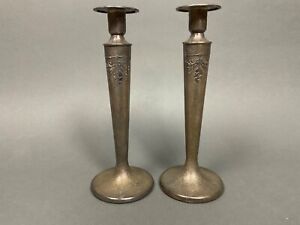 Arts Crafts Silver Crest Sterling Decorated Bronze Candle Sticks Holders Pair