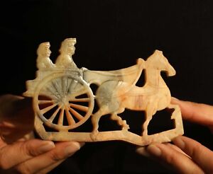 China Old Natural Jade Hand Carved Statue Horse Carriage Bi Plate 5 3 Inch S