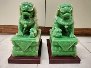 Vintage Pair Of Chinese Faux Jade Green Resin Foo Dog Guardian Lion Statues 11 