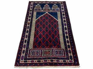 3x5 Vintage Handmade Tribal Wool Rug Balouchi Prayer Rug Afghan Rug Red Blue Wow