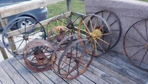 Vintage Iron Wagon Wheels Several Indidual Wheels With 2 Matching Sets