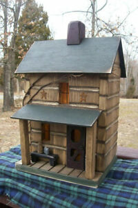 Log Cabin Lighted House Primitive Birdhouse Rustic Birdhouse Farmhouse