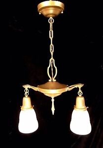 Antique Vtg 2 Light Pan Chandelier Ceiling Fixture Rewired Hand Painted