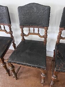 Three Spanish Style Vintage 1800 S Wood Leather Beautiful Chairs