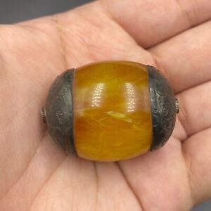Very Unique Lovely Ancient Roman Baltic Old Amber Silver Bead