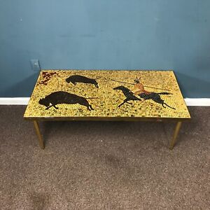 Mid Century Mosaic Decorated Coffee Table With Buffalo Hunting Scene