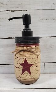Primitive Crackle Tan Burgundy Stars Mason Jar Soap Dispenser Top Color Choice