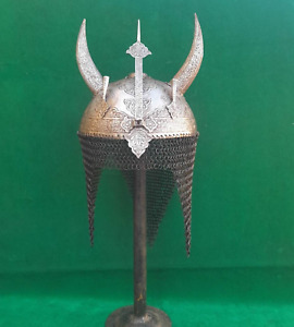 Vtg Ottoman Islamic Iron Hand Engraved Devil Horn Khula Khud Helmet Armor
