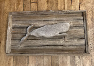 Vintage Folk Art Wood Carved White Whale On Wooden Frame Moby Dick 