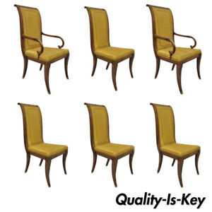 Six Karges French Neoclassical Regency Style Klismos Leg Walnut Dining Chairs