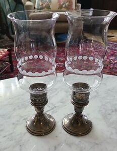 Vintage Pair Newport Sterling Silver And Glass Candlesticks Hurricane Lamps
