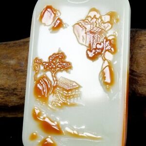 Chinese Hand Carved 100 Natural Jade White Jade Landscape Pendant Amulet