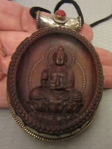 Chinese Carved Wood Buddha Hand Tooled Silver Coral Meditation Pendant 3 Large