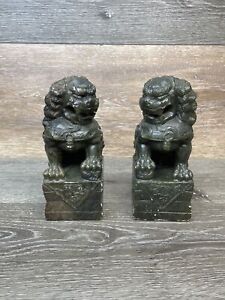 Vintage Chinese Pair Solid Black Resin Foo Dog Statues 7 Bookends Set Of 2