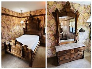  Antique Walnut Victorian 2 Piece Bedroom Set Bed Marble Top Dresser