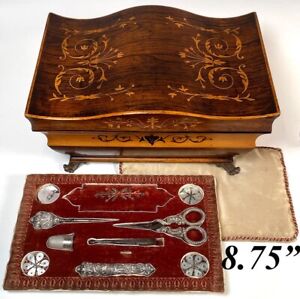 Antique French Palais Royal Musical Sewing Box Marquetry Casket Silver Tools