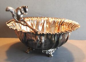 Victorian Antique Silverplate Nut Bowl W Figural Squirrel On Branch Eating Nut