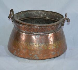 Antique Huge Hand Made Copper Cauldron Dovetailed Seams Large Handle Vtg