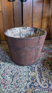 Sweet Antique Early Primitive Wood Sap Bucket Orig Red Paint 9 25 Patina
