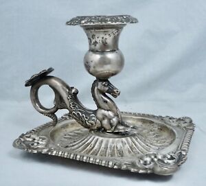 Antique 800 Silver Hippocampus Figural Chamberstick Candle Stick German Horse