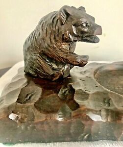 Antique Black Forest Style Hand Carved Grizzly Bear Match Holder German Swiss