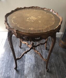Antique French Style Coffee Accent Table Floral Inlay Will Ship