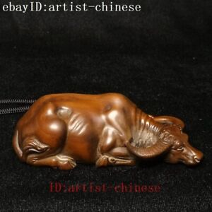 L 4 Inch Old Chinese Boxwood Carved Ox Bull Figure Statue Netsuke Ornament Gift