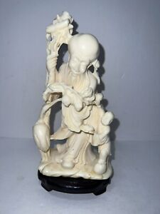 Vtg Carved Celluloid Resin Asian Figure Statue Art Man And Child Bird Flamingo