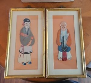 Vintage Chinese Fabric Cloth Silk Taoist Immortals Eldery Chang 2 Picture Frame