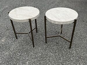 Pair Of Thomasville Travertine And Bronzed Metal Finish End Tables