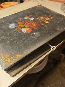 19th Century Asian Tole Writing Box Mother Pearl Velvet Lined 12x9 W Key
