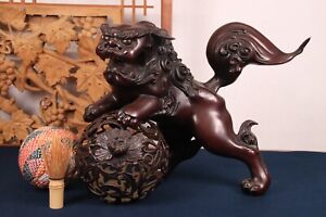 Vintage Japanese Brown Bronze Lion Shishi Statue 15 75inch Foo Dog Art Sculpture
