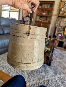 Wood Sugar Bucket Firkin Oyster Wood Handle Beige Gray Box Primitive
