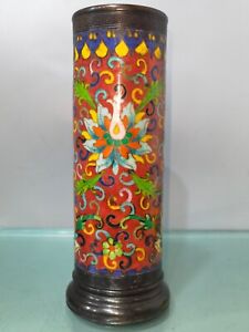 20 Cm Chinese Cloisonne Copper Barrel Containing Incense Brass Pot