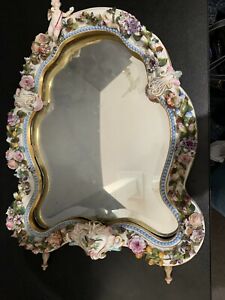 Large Antique Dresden Porcelain Framed Mirror With Applied Flowers Cherub 24 L