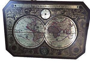 Vintage 1964 Masketeers Large Brass And Wood Map Of The World In 1628 43 X 30 