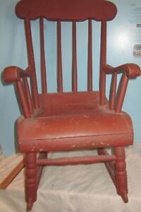 Antique Vintage Carved Wooden Child S Rocking Chair Arm Rests Painted
