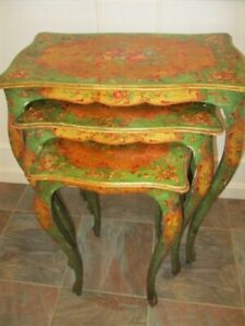 Rare Venetian Hand Tole Painted Floral Set Italian Wood 1920 S Nesting Tables