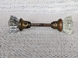 Vintage Pair Of 12 Point Clear Crystal Glass Brass Door Knobs Spindle Screws