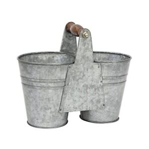 Small Antique Galvanized Metal Double Bucket With Wooden Handle