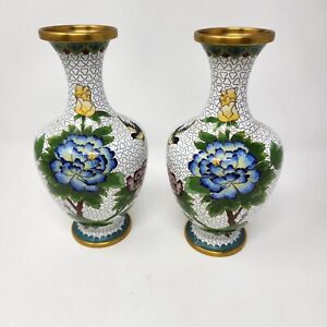 Pair Of Chinese Cloisonne Vase 8 50 White With Blue Pink Peony Chinoiserie R1