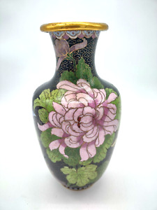 Vintage Chinese Cloisonne Enamel Vase Black Multicolor Flowers Bird Golden 8 5 