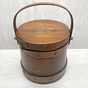 Vintage Wood Firkin Sugar Bucket W Handle Etched Squirrel On Lid 6 5 Rustic