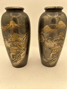 A Vintage Pair Of Japanese Mixed Metal Vase Stamped Japan On Bottom 6 Tall