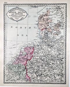 Old 1891 Belgium Holland Denmark Map Original Amsterdam Brussels Antwerp Prussia