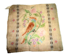 Art Deco 1920s Linen Embroidery Parrot Cross Stitch Pillow Top Wall Hanger